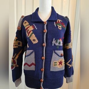 Vintage Berek Blue Airplane Boy's Hand-Knit Cardigan Sweater - Big Boys Large